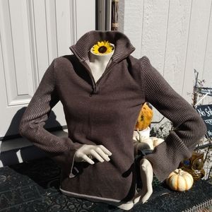 Vintage Calvin Klein Sz M Brown Tan knit zip high collar sweater y2k